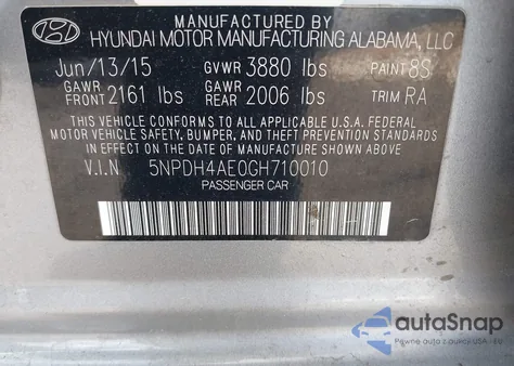 2016 Hyundai Elantra Se z USA, uszkodzony, nr VIN 5NPDH4AE0GH710010